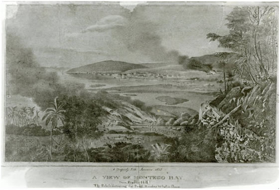 Adolphe Duperly print: A View of Montego Bay, this print shows slaves destroying sections of Montego Bay during the 1831 slave rebellion.